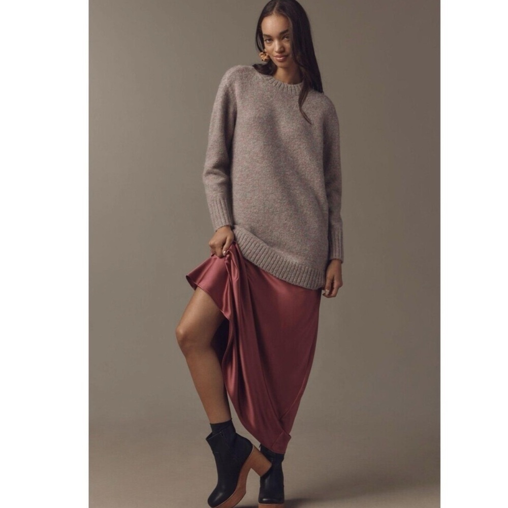 Anthropologie Long-Sleeve Twofer Sweater Slip Midi Dress Neutral Motif Medium